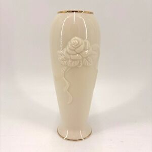LENOX Cream Rose Embossed Vase Gold Trim Handcrafted Malaysia